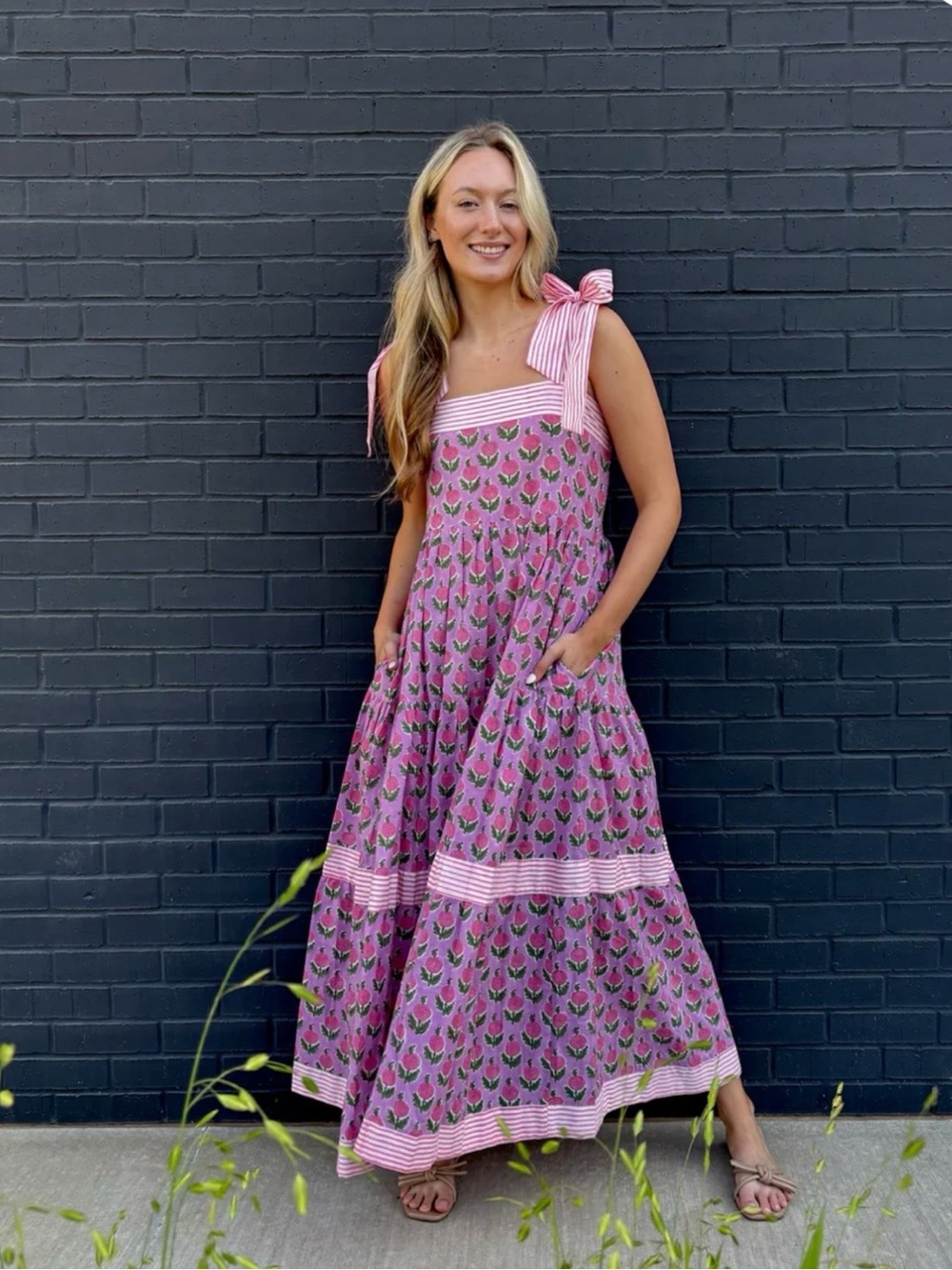 Grace Harris Maisie Tiered Pink Floral Maxi Dress with Bow Straps size Medium